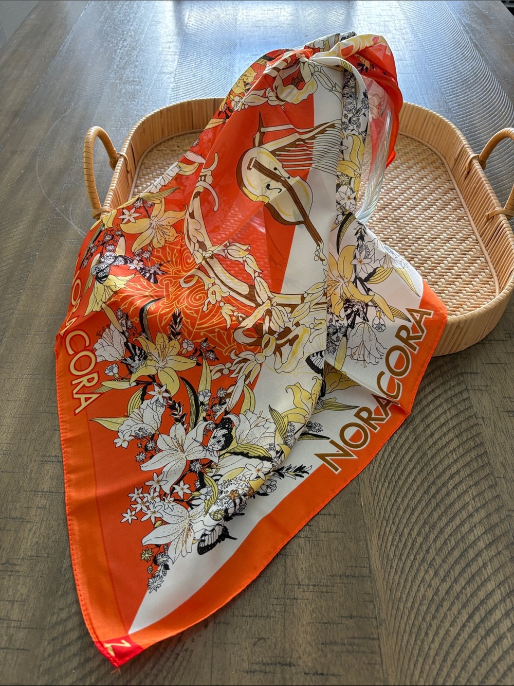 NORACORA Floral Silk-Feel Square Scarf in Orange, Yellow & White